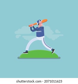 flat baseball player posing vector illustration and light blue background