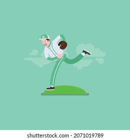 flat baseball player posing vector illustration on tosca background