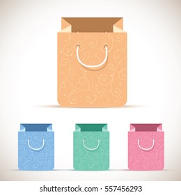 Flat basket icon set in different colors for your website. Paper package with natural decoration for web retail. Rope handled shopping package