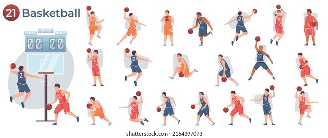 Flat basketball collection of compositions with male players during game isolated vector illustration