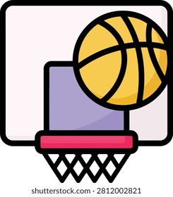 A flat of a basketball in mid-air, about to go through a basketball hoop. The basketball is orange with black lines. The hoop has a red rim and a purple net. The backboard is a light pinkish-white. The overall style is clean and with bold outlines and solid color fills. The is isolated on a white background, making it representing sports, games, or scoring.