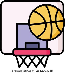 A flat of a basketball in mid-air, about to go through a basketball hoop. The basketball is orange with black lines. The hoop has a red rim and a purple net. The backboard is a light pinkish-white. The overall style is clean and with bold outlines and solid color fills. The is isolated on a white background, making it representing sports, games, or scoring.