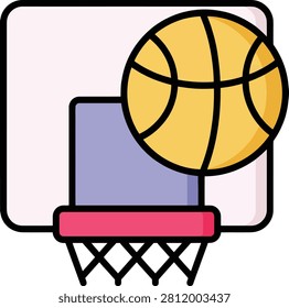 A flat of a basketball in mid-air, about to go through a basketball hoop. The basketball is orange with black lines. The hoop has a red rim and a purple net. The backboard is a light pinkish-white. The overall style is clean and with bold outlines and solid color fills. The is isolated on a white background, making it representing sports, games, or scoring.