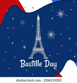 Flat bastille day illustration. Eiffel tower with fireworks and flag wave decoration