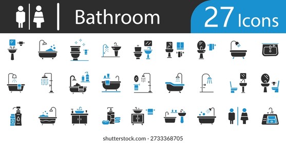 Flat Bathroom Icons Collection for Toilets, Showers, Sinks, Hygiene, and Sanitary Facilities