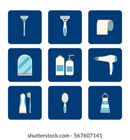 Flat Bathroom icons set on blue background. Vector illustration.