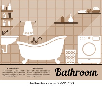 Flat bathroom interior decorating template with an old-fashioned freestanding bathtub, washing machine, hand basin and shelves of toiletries with editable text space