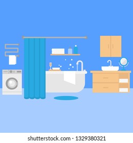 Flat bathroom interior design furniture vector. Bathtub, sink, toilet, washing machine. Home bath object, lavatory and restroom. Laundry room with equipment for washing. Housework and household