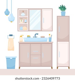 Flat bathroom interior design with shelf and bottles. Bathroom items of cabinet with sink and mirror near towel holder. Vector cartoon illustration with washing accessories and toothpaste with soap