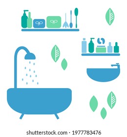 Flat bathroom interior vector illustration. Spa and hygiene supplies on shelves, bath and shower, sink isolate.