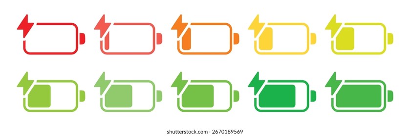 Conjunto de iconos de batería plana con niveles de carga de bajo a completo en rojo, naranja y verde: diseño de interfaz de usuario y App móvil. Ilustración vectorial.