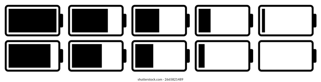 Conjunto de iconos de batería plana que muestra diez niveles Horizontales de lleno a vacío en blanco y negro. Diseñado en un estilo de contorno limpio, adecuado para el diseño de interfaz de usuario, App móviles y paneles digitales.
