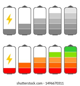 Flat battery icons with charging level indicator