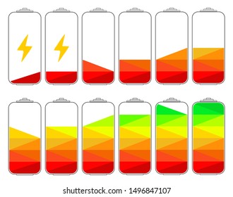 Flat battery icons with charging level indicator