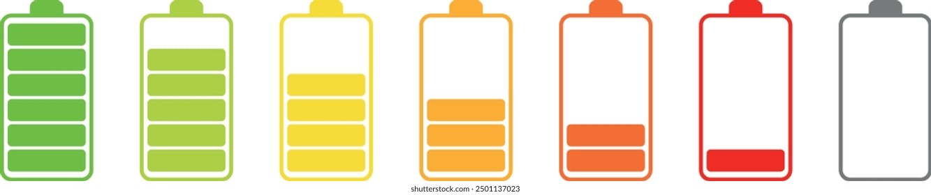 Flat battery recharge icons in various colours. Battery charging, Recharge indicator. Vector icon of a fully charged battery.