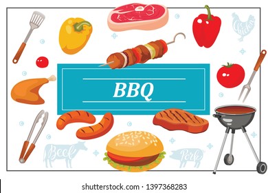 Flat bbq party colorful template with barbecue grill meat steak roasted chicken sausages tomato pepper burger spatula fork tongs vector illustration