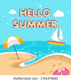 Flat beach background with beach umbrella, sandals, ship, sea shore, water, clouds and sky. Hello Summer holiday concept