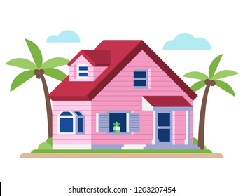 Flat Beach House with Coconut tree Illustration Vector. Simple style design.