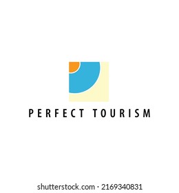 Flat Beach Scenery Within A Square Vector Logo. Suitable For Travel Agent, Leisure, And Tourism.