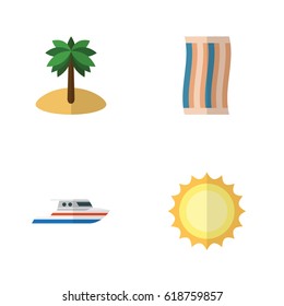 Flat Beach Set Of Coconut, Boat, Sunshine And Other Vector Objects. Also Includes Sun, Coconut, Palm Elements.