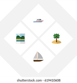 Flat Beach Set Of Coconut, Boat, Yacht And Other Vector Objects. Also Includes Boat, Reminders, Vessel Elements.
