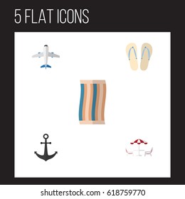 Flat Beach Set Of Beach Sandals , Ship Hook, Recliner Vector Objects. Also Includes Aircraft, Wiper, Towel Elements.