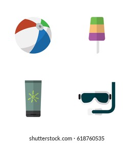 Flat Beach Set Of Sundae, Moisturizer, Scuba Diving And Other Vector Objects. Also Includes Ice, Sphere, Cream Elements.