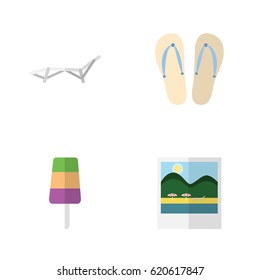 Flat Beach Set Of Sundae, Reminders, Beach Sandals Vector Objects. Also Includes Reminders, Sunbed, Flop Elements.
