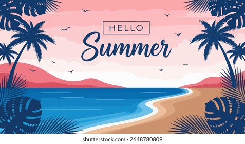 Flat Beach Summer Illustration with Peach-to-Red Sky Gradient, Ocean, Sandy Shore, Tropical Silhouettes, and Framed HELLO Summer Typography in Dark Blue