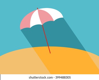 Flat Beach Umbrella With Long Shadow. Vector Illustration Of Sun Parasol Flat Stylized