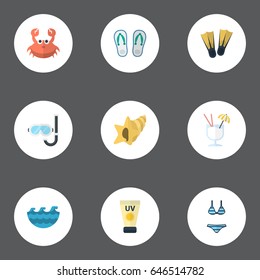 Flat Beachwear, Swimming, Cancer And Other Vector Elements. Set Of Summer Flat Symbols Also Includes Water, Sun, Slippers Objects.