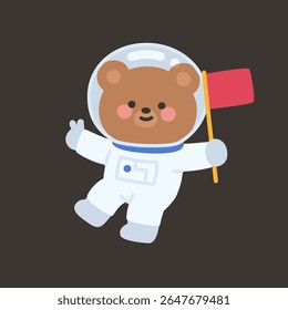 Flat Bear Astronaut Floating with Red Flag in Space Vector Illustration