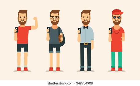 Flat Bearded Character in Different Clothes Doing Selfie. Colorful Vector Set