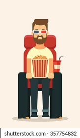 Flat Bearded Character with Popcorn and Soda Watching Movie in the Cinema. Vector Illustration