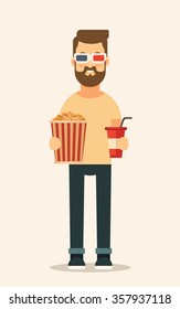 Flat Bearded Character with Popcorn and Soda Standing in the Cinema. Vector Illustration