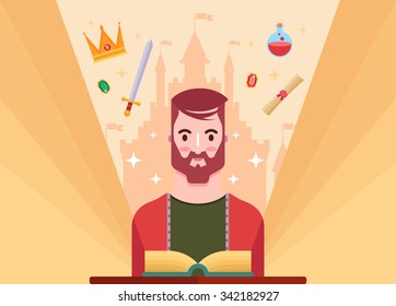 Flat Bearded Character Reading a Book. Castle Silhouette and Fairy Tale Objects on Background. Colorful Vector Illustration