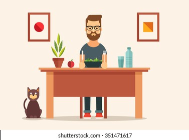 Flat Bearded Character Sitting at the Table and Eating Healthy Food. Colorful Vector Illustration