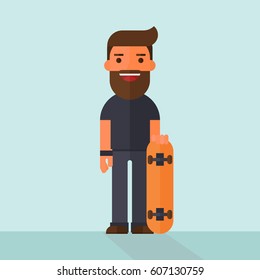 Flat Bearded Character with Skateboard.