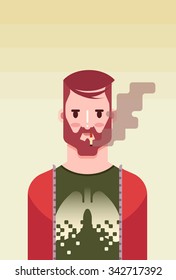 Flat Bearded Character Smoking a Cigarette and His Ruined Lungs. Colorful Vector Illustration