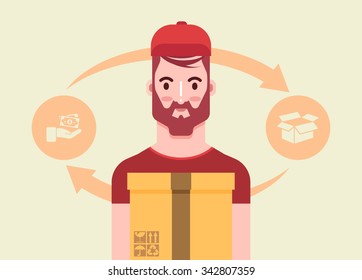 Flat Bearded Courier with Delivery Box. Colorful Vector Illustration