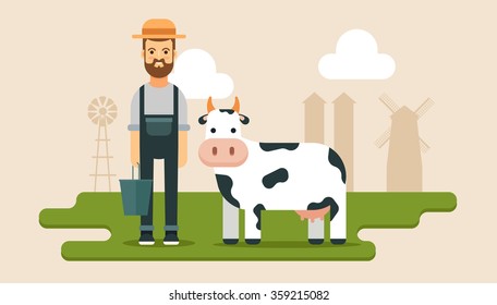 Flat Bearded Farmer with Bucket Standing Near the Cow. Colorful Vector Illustration