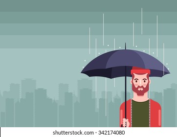 Flat Bearded Hipster with Umbrella Standing Under the Rain. Big City Silhouette on Background. Vector Illustration