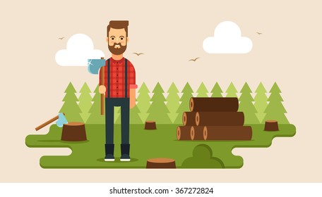 Flat Bearded Lumberjack with Axe. Forest on the Background. Colorful Vector Illustration