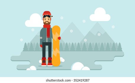 Flat Bearded Man with Snowboard. Snowy Trees and Mountains on the Background. Colorful Vector Illustration