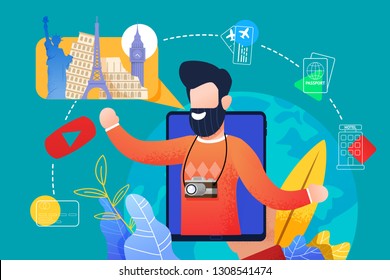 Flat Bearded Man Talks about Traveling with Tablet. Vector Illustration Young Guy Blogger, Shows Online Sights Country Travel. Assistance in Buying Plane Tickets, Hotel Booking