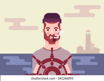 Flat Bearded Sailor. Sea and The Lighthouse on Background. Vector Illustration. Modern Colors
