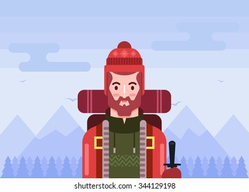 Flat Bearded Tourist. Snowy Trees and Mountains on Background. Colorful Vector Illustration