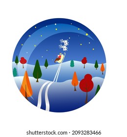 flat beautiful ball christmas tree toy with landscape of magical christmas night santa flies on reindeer