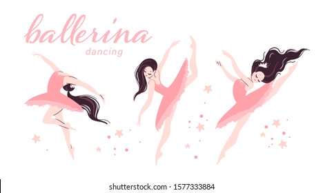 Flat beautiful ballerina dancer character in pink tutu dress doing different ballet dancing poses isolated on white background. Flat style, pastel color. Vector illustration.