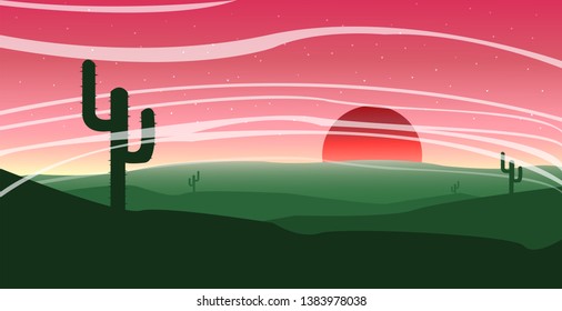 flat beautiful landscape wit cactus and pink sky , flat vector illustration.